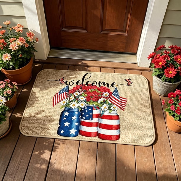 Welcome Doormat Collection Front Door Mats For Indoor/Outdoor Spring Summer Fall Patriotic Floral Entryway Rug Decor