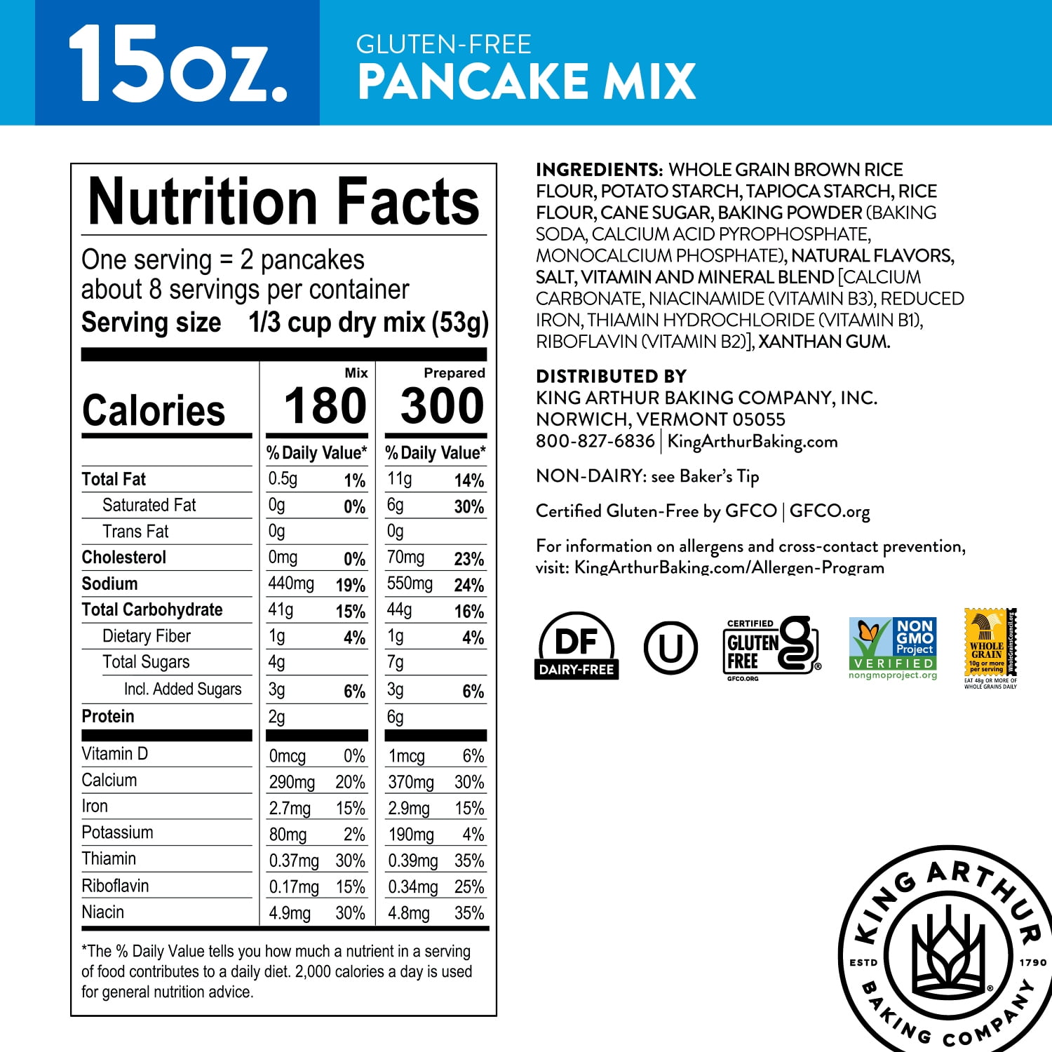 King Arthur Baking Company, Gluten-Free, Non-GMO Project Verified, Certified Kosher Pancake Mix, 15 oz Box