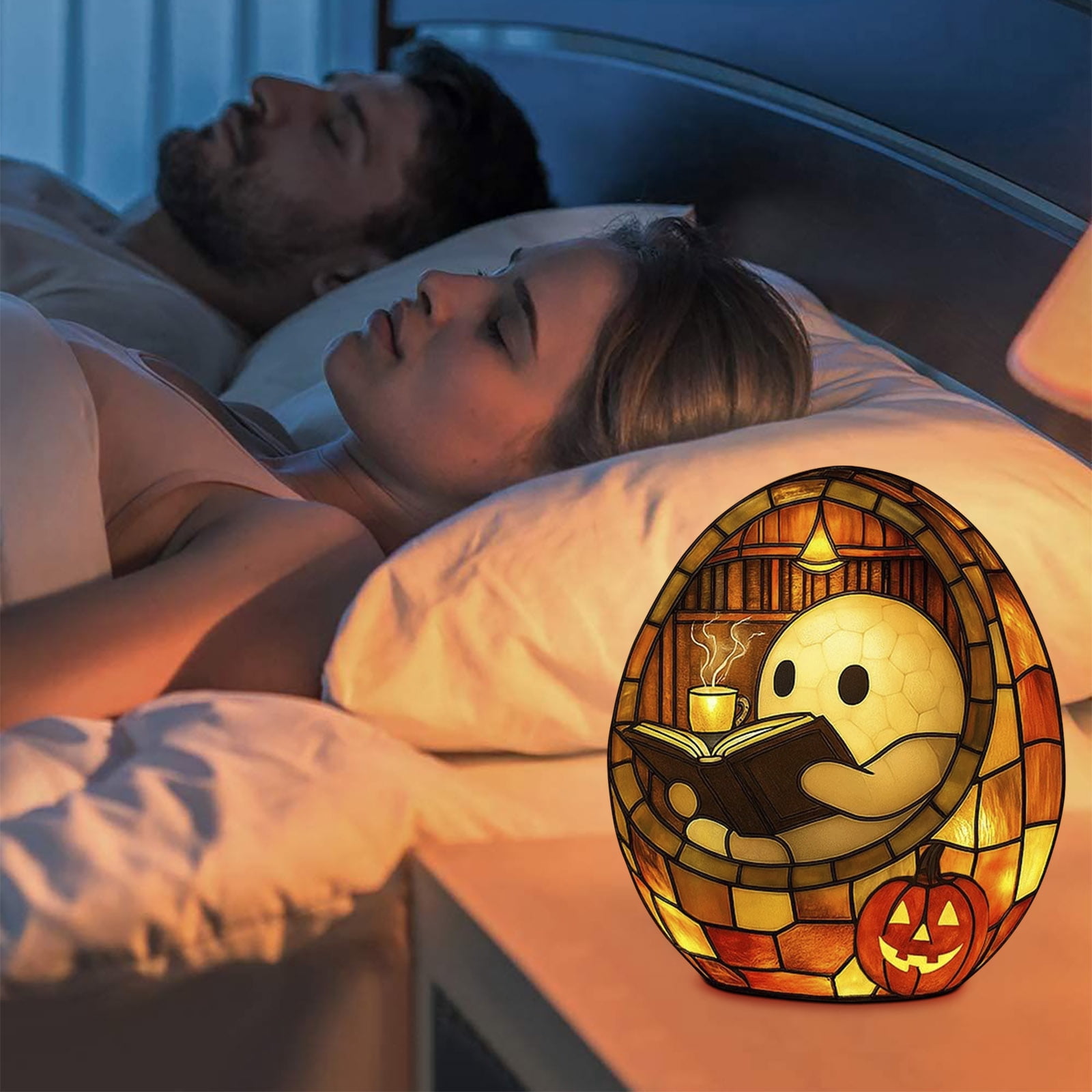 Ghost Carousel Night Light – USB Rechargeable, Floating Ghost, Purple Stained Glass & Antique Copper Base, Spooky Halloween Desk Lamp