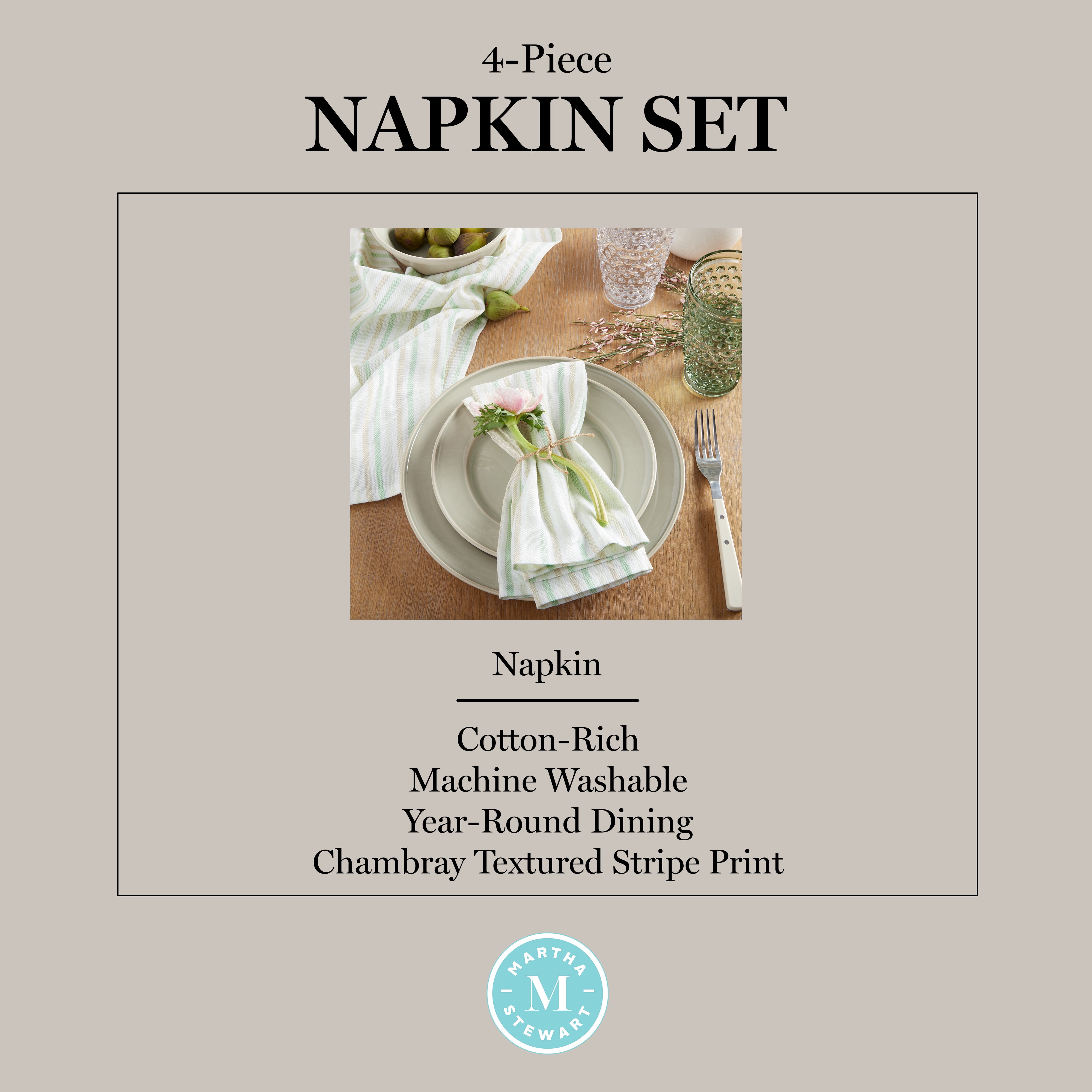 Martha Stewart Daisy Stripe Napkin Set 4-Pack, Green, 19"x19"
