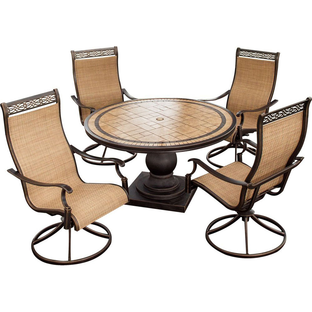 Hanover Monaco 5-Piece Outdoor Furniture Patio Dining Set, 4 Sling Swivel Rocker Chairs, 51" Round Tile-Top Table, Umbrella, and Base, Brushed Bronze - image 4 of 17