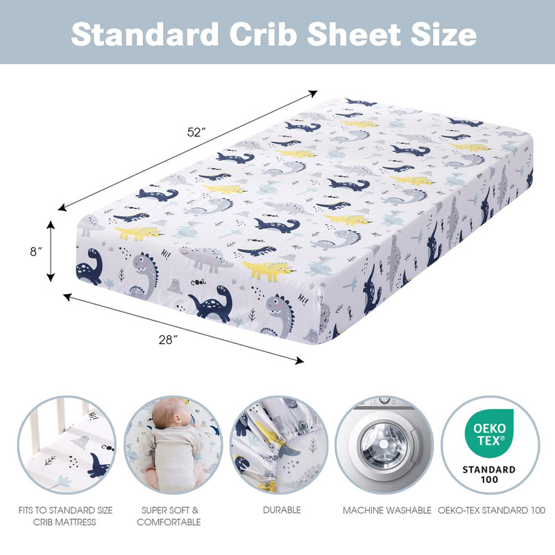 Bimocosy 3-Pack Crib Sheets for Standard Crib & Toddler Mattresses, Super Soft & Breathable Fitted Sheets for Baby Girl & Boy, （Dinosaur）