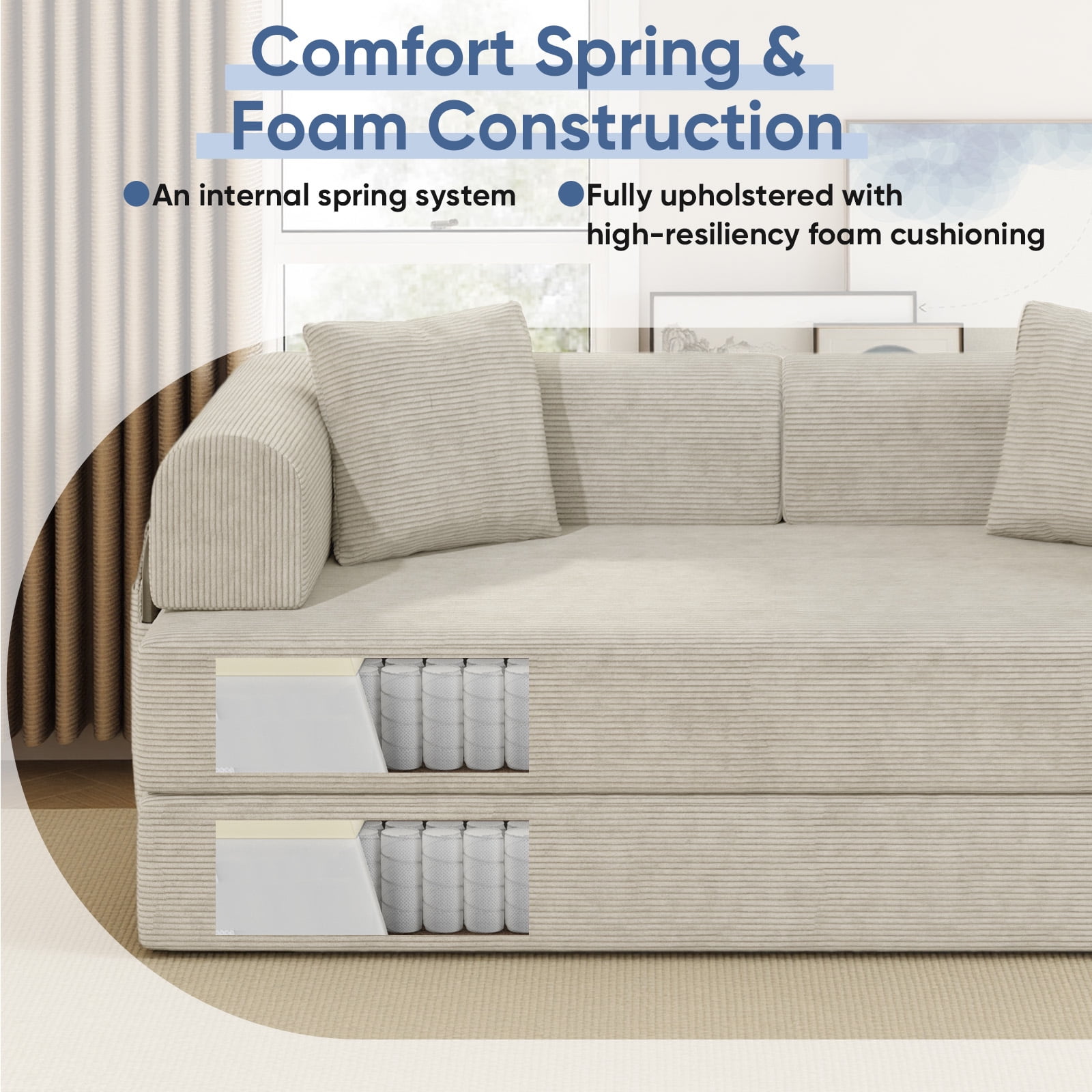 Daluvenix 4-in-1 Folding Convertible Sofa Bed 81 Inch Oversized Corduroy Upholstered Boneless Couch Loveseat Sleeper with Pull Out Bed Beige