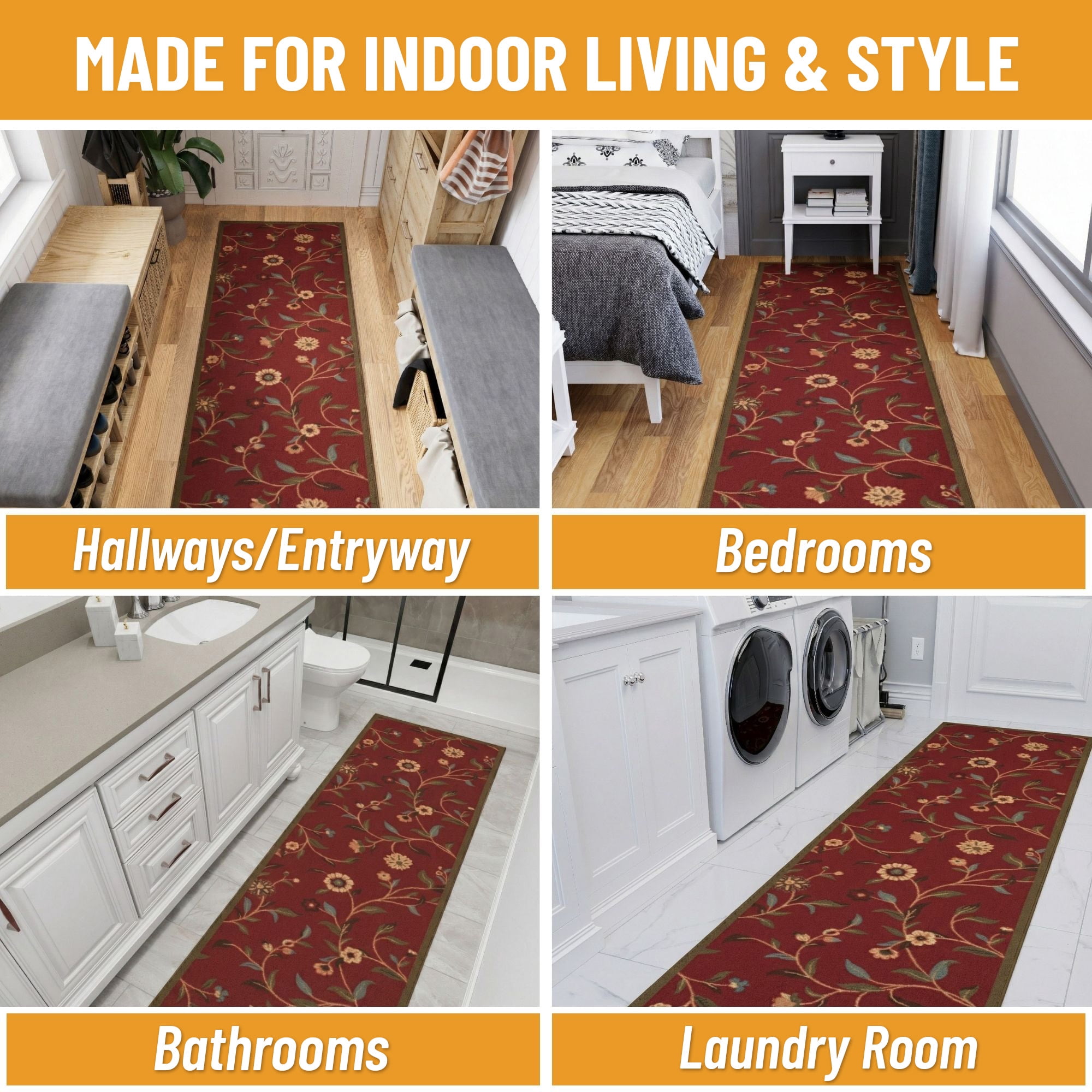 Ottomanson Hallway Runner Rug 2'7" x 11' – Non-Slip Low Pile Carpet for High Traffic Areas, Floral Red