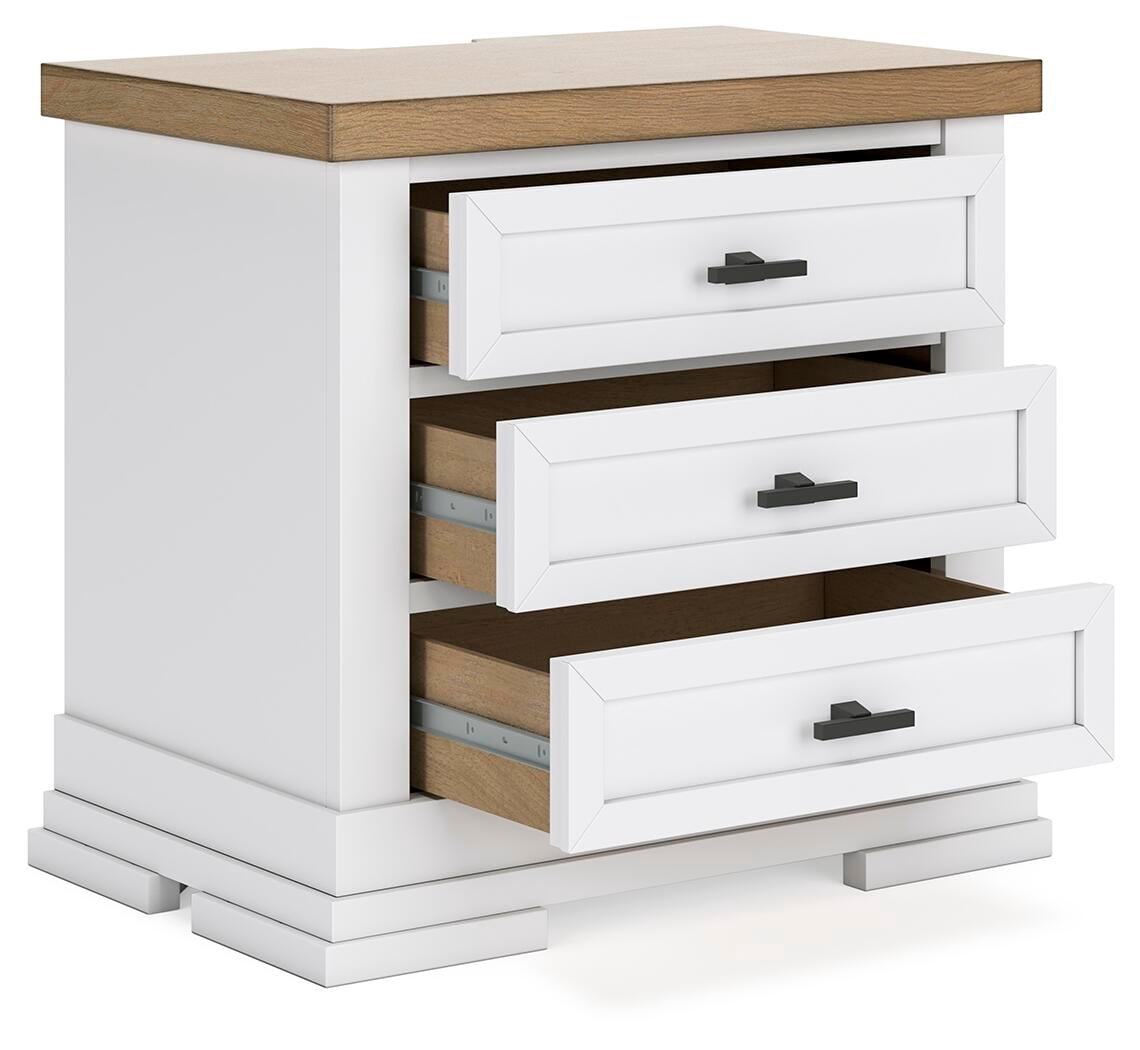 Signature Design by Ashley Ashbryn Three Drawer Farmhouse Style Nightstand – White & Natural Brown, USB Charging, Spacious Storage, Dovetail Drawers