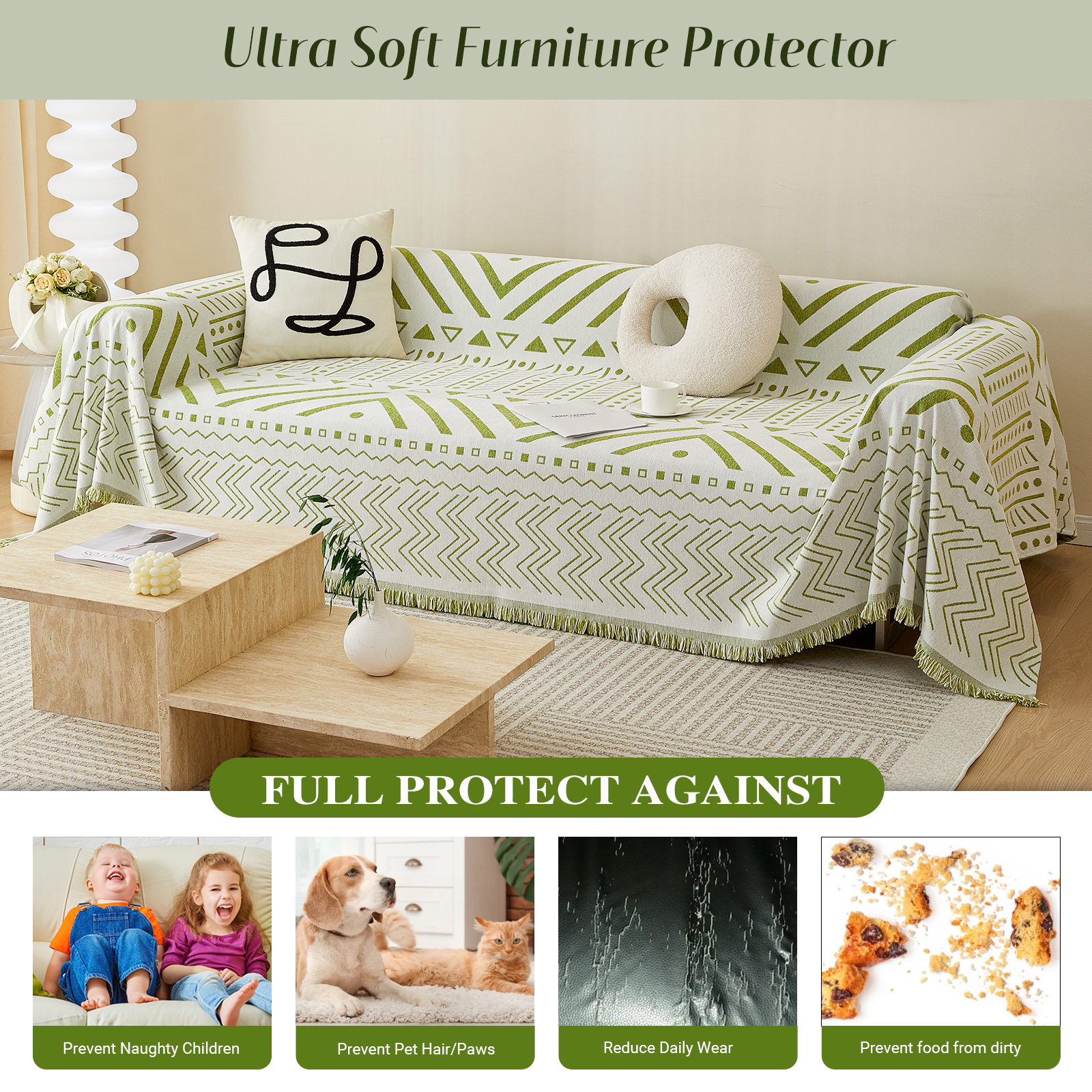 WOOW DEPOT Boho Chenille Sofa Cover Reversible w/ Tassel, Washable Throw Blanket L Shape Slipcover for 2 Cushion Couch, Sage Green & White Geometric, 71"x118"