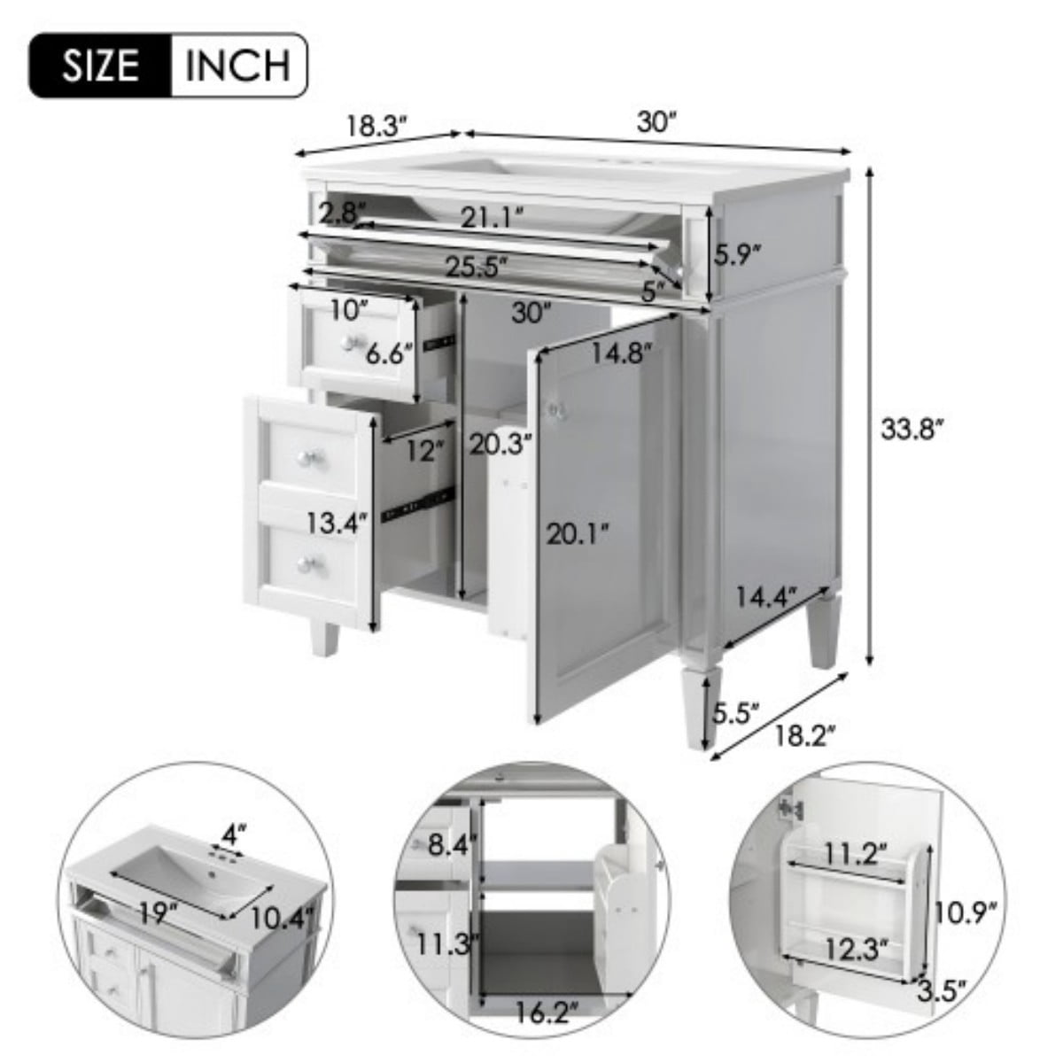30" Bathroom Vanity with Sink, Modern Freestanding Bathroom Vanity Cabinet with Ceramic Sink, 3 Drawers & Tip-Out Drawer, Adjustable Shelf, White Storage Cabinet, White