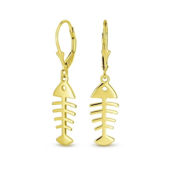 Nautical Tropical Beach Small Fishbone Leverback Dangle Earrings for Women for Teen 14K Gold Plated Sterling Silver