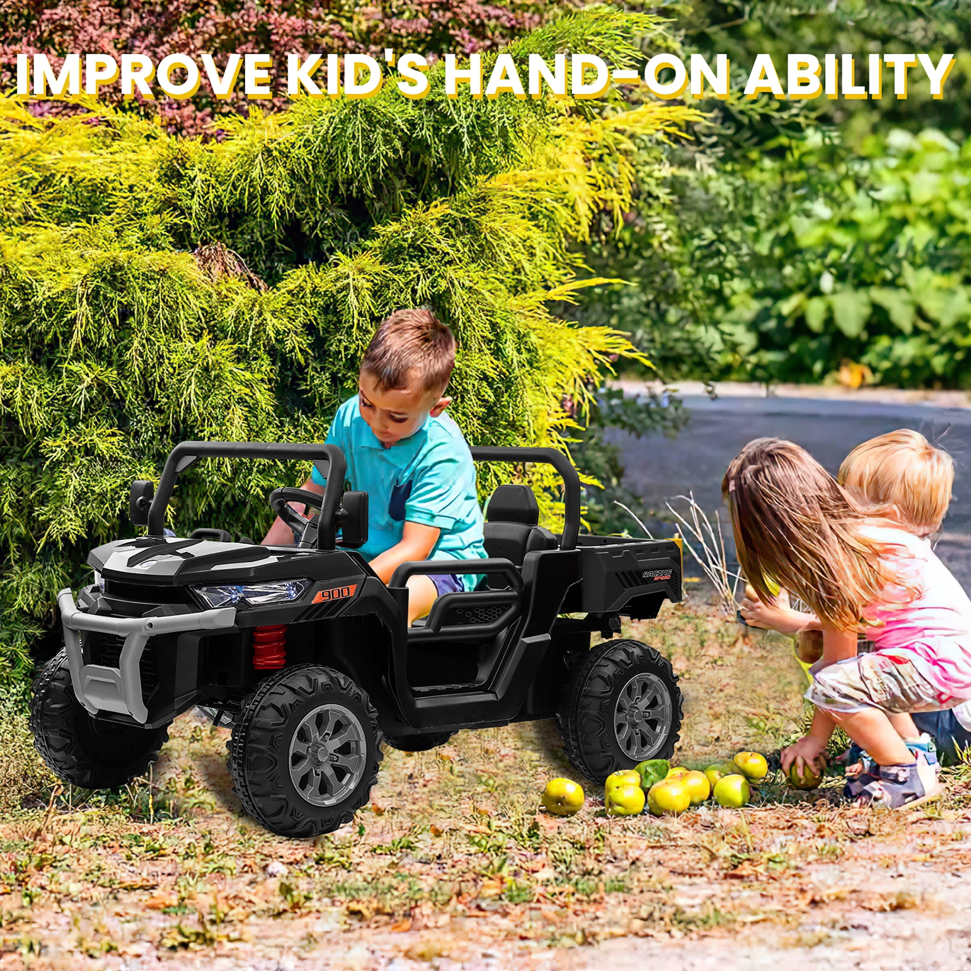 Joyracer 24 Volt Ride on Toys, 4WD Ride on Dump Truck for Kids, 2 Seater Ride on Car with Remote, Electric Power Car Wheels Toys with Trailer & Shovel, MP3/Bluetooth Music, Black