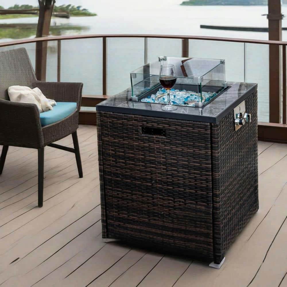Spaco 24" Square Propane Gas Fire Pit Table, 50000 BTU Fire Pit with Tile Tabletop and Beautiful Wicker Base for Patio, Backyard, Brown