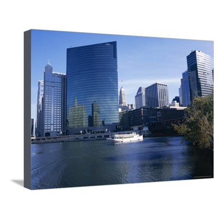 Chicago River Tour Boat at 333N Wacker Building 1983, Chicago, Illinois, USA Stretched Canvas Print Wall Art By Simon