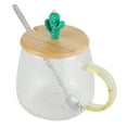 thumbnail image 2 of Bonita taza de vidrio de borosilicato de 400 ml, resistente al calor, con cuchara de acero inoxidable y tapa de bambú (cactus)., 2 of 14
