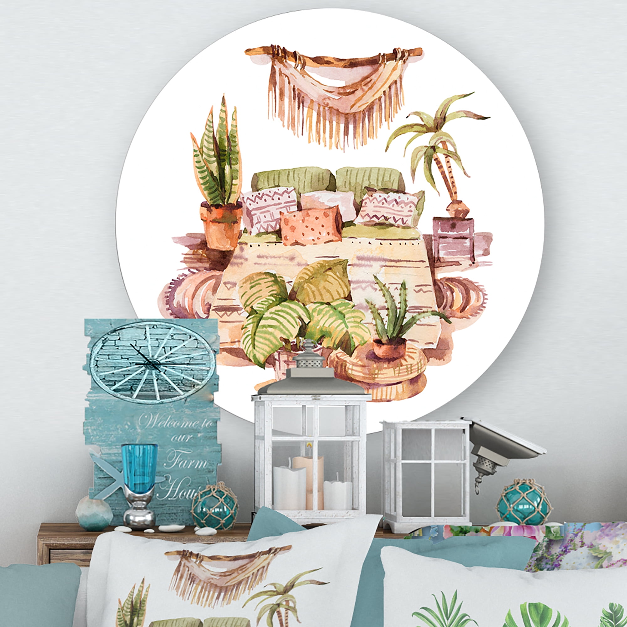 Designart 'Indoor House Plants Urban Jungle in Flowerpots IV' Traditional Circle Metal Wall Art 23x23 - Disc of 23