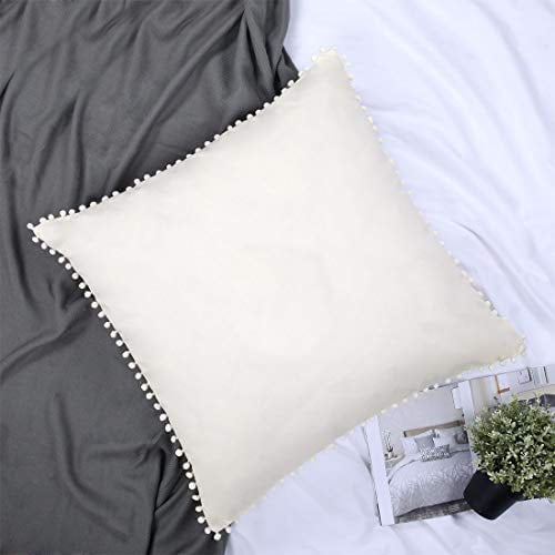 YINFUNG Off White Euro Sham Pom Pom Ivory 26x26 Large Pillow Covers Set of 2 Fringe European Shams Cream Beige Boho Chic Square Decorative Cute Ball Tassel