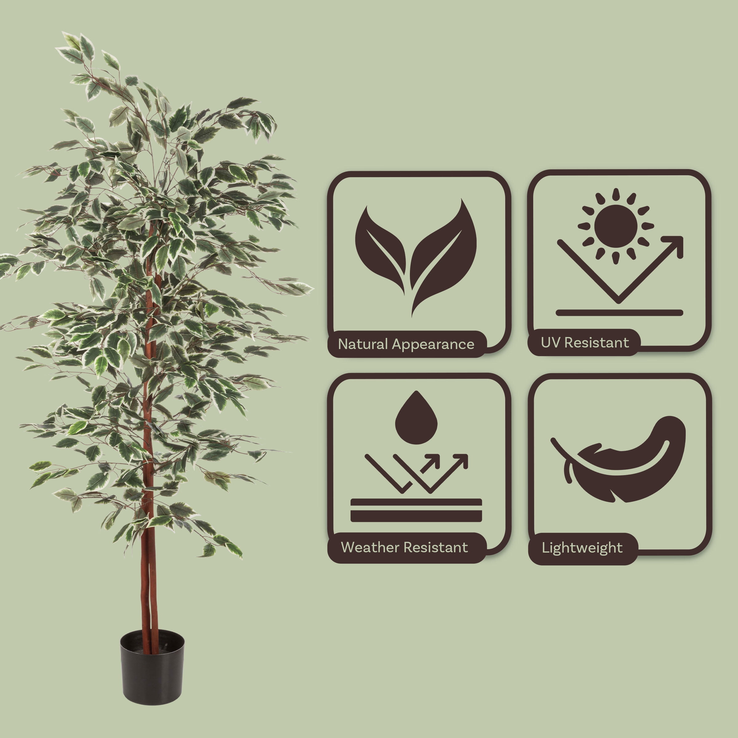 Pure Garden Ficus Artificial Tree - Realistic Faux Plant with Variegated Leaves and Natural Trunk - 5-Foot-Tall Topiary Decor for Indoor or Outdoor Use