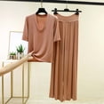 Costeam Womens V Neck Short Sleeve Long Pants Pajama Set Solid Color ...