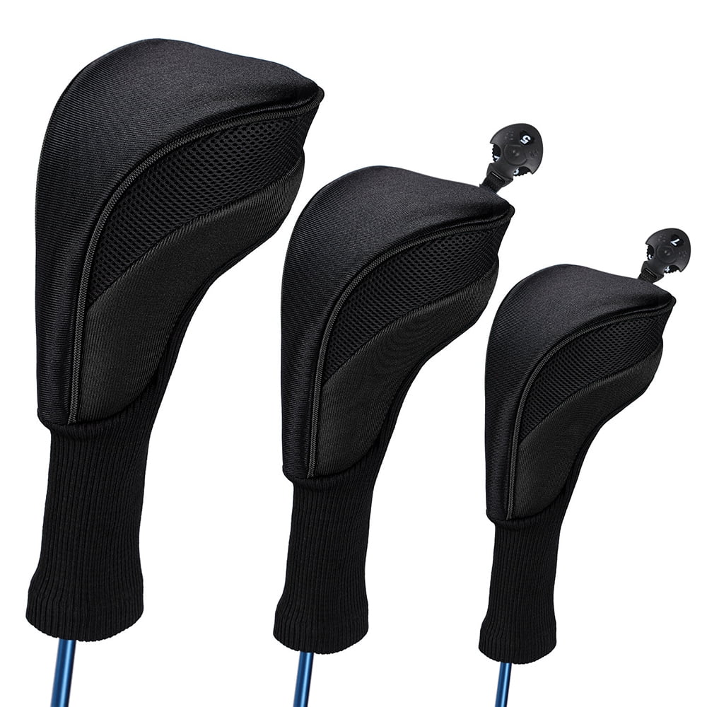 Black Golf Head Covers Driver Fairway Woods Headcovers Long Neck Knit Head Covers for Golf Club Fits All Fairway and Driver Clubs 3pcs
