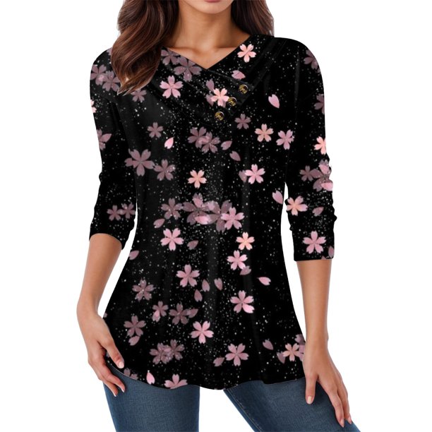 Gibobby Blusa Manga Larga Moda Cuello redondo Manga corta Camiseta con estampado de amor Tops de manga larga para mujer Blusas con botones y cuello en V fruncidos Camisas casuales(Rosa, S)