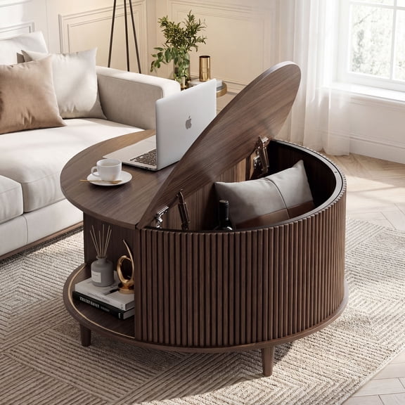 Vingud Round Coffee Table, 31.5" Fluted Center Table with Storage, Lift-Top Coffee Table with Adjustable Footpads, Sliding Door, Mid-Century Modern Center Table for Living Room, Small Space,Brown