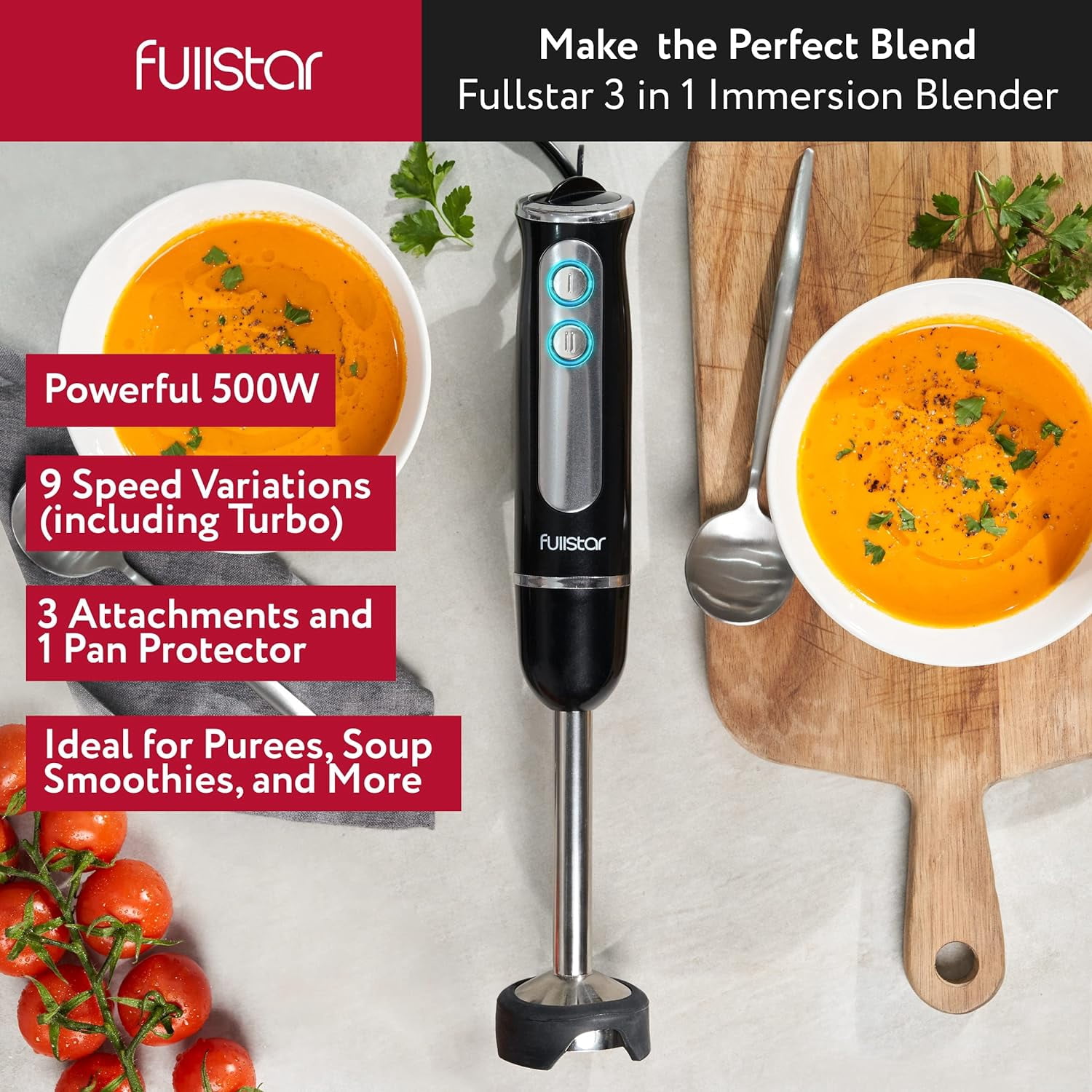 Fullstar - Handheld Electric Immersion Blender, 9-Speed, Hand Mixer for Kitchen - 3-in-1, Black