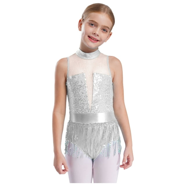 Miaeowve Justaucorps de Danse Latine Scintillant pour Filles avec Jupe à Franges Sans Manches à Sequins Robe de Danse Cha Samba Blanche 14