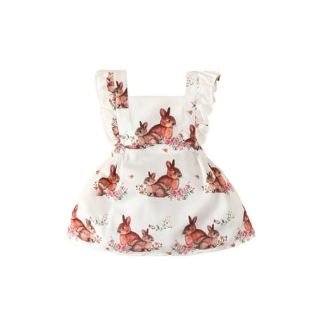 

aturustex Infant Ruffle Halter Clothes Rabbit Baby Girls Easter Dress Newborn Rabbit Pattern Printed Open Back Tie-up One Piece Dresses