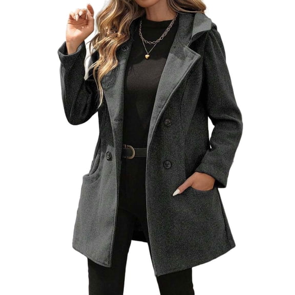 Aellinatey Women's wool coat, long-sleeved, double-breasted, hooded.
