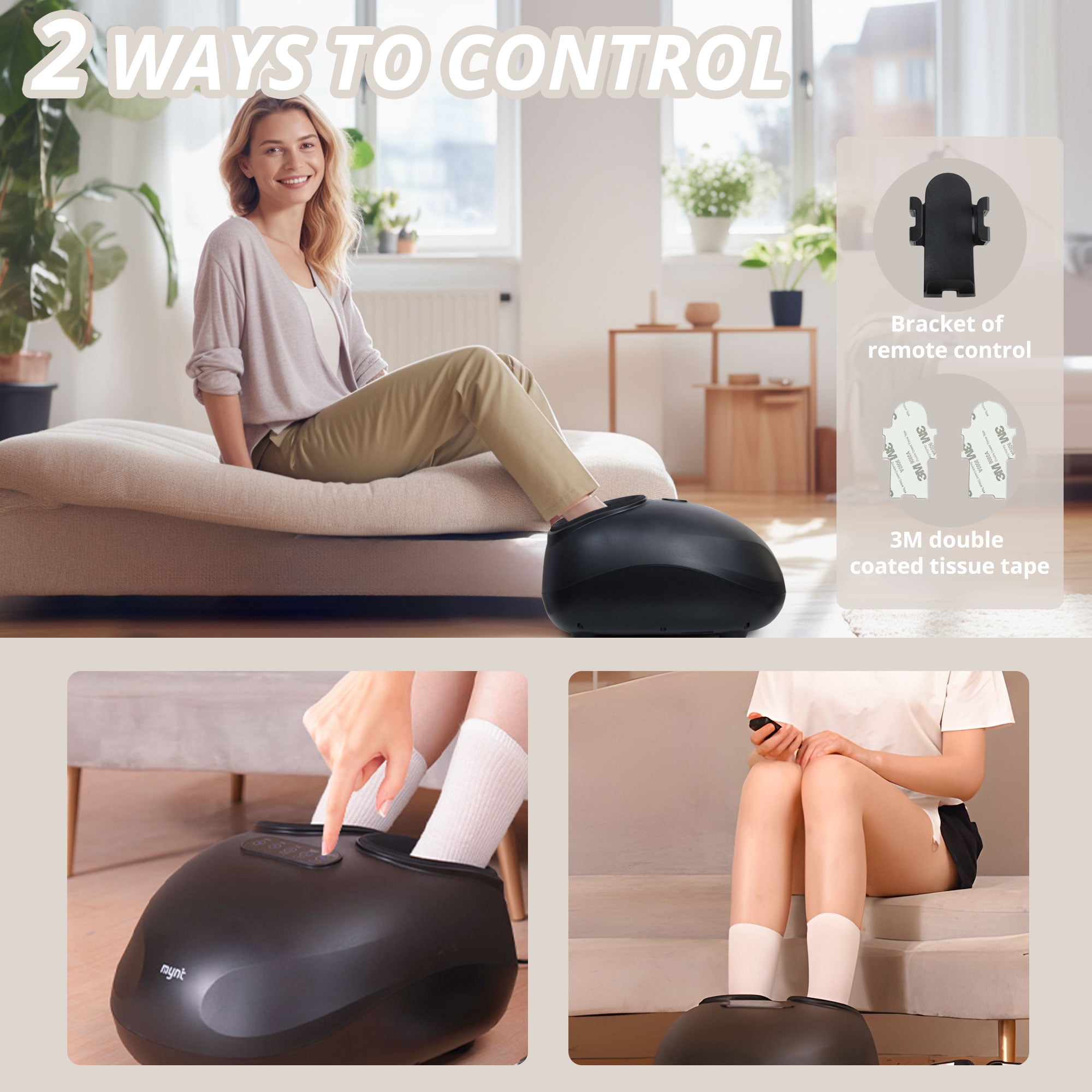 MYNT Foot Massager with Heat, Shiatsu Foot Massage with Remote, Kneading & Rolling, Air Compression, Black