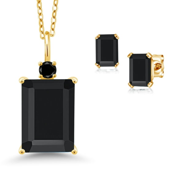 18K Yellow Gold Plated Silver Black Onyx and Black Diamond Pendant Necklace Earrings Set for Women (7.82 Cttw, Gemstone December Birthstone, Emerald Cut 14X10MM and 6X4MM, with 18 inch Chain)