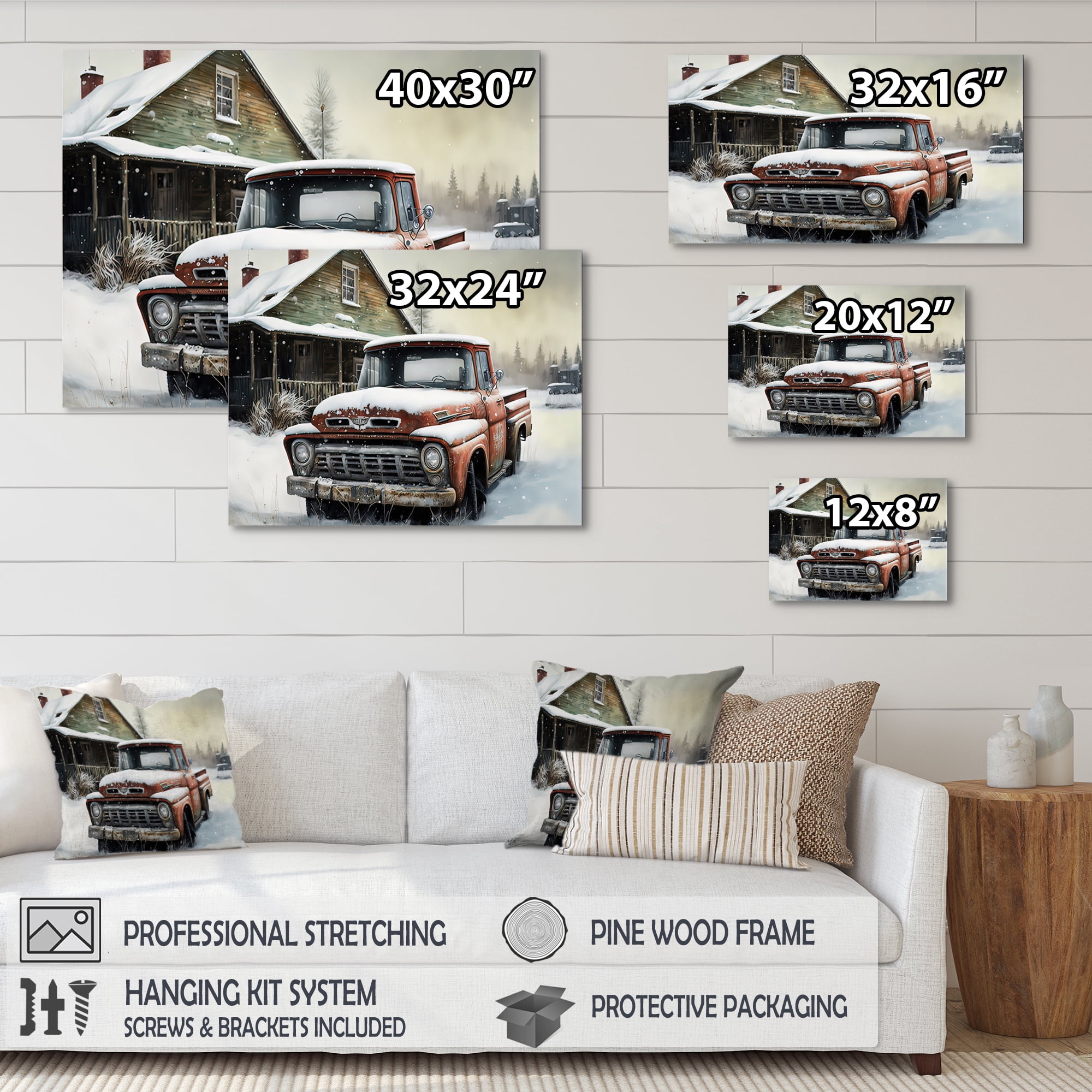 Designart Old Truck At The Barn In Winter II Canvas Wall Art