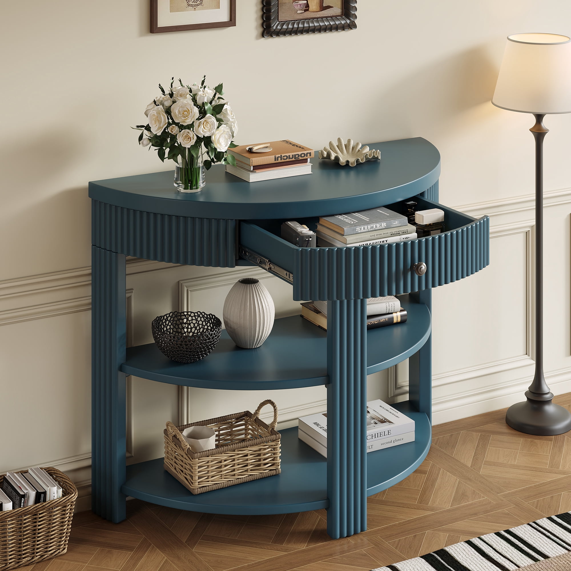 Euroco 3-Tier Half Moon Console Table with 1-Drawer, Fluted Entryway Table with Open Storage Shelves for Living Room, Hallway, Foyer,Navy
