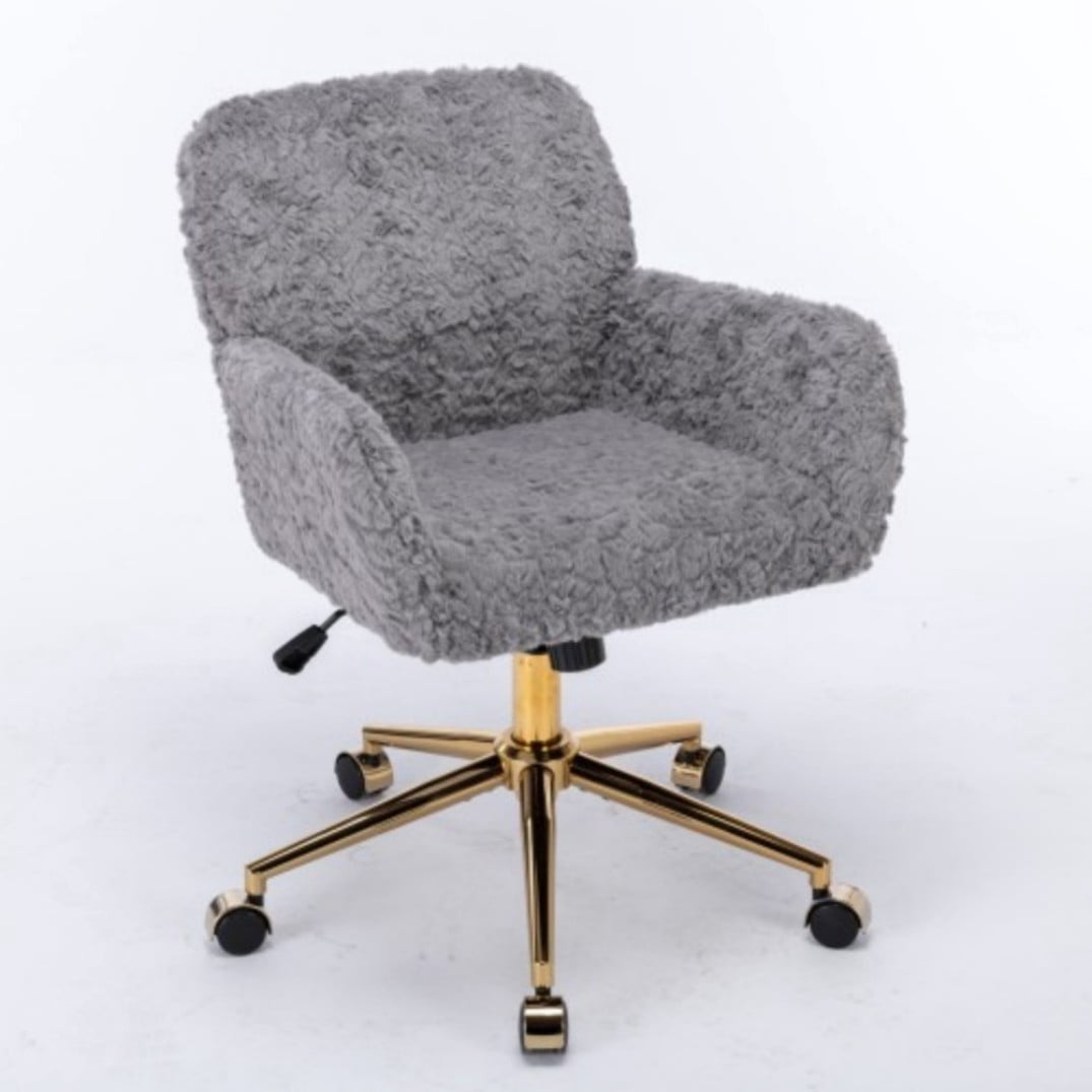 Office Chair, Faux Rabbit Fur Home Office Desk Chair with Golden Metal Base, Adjustable Height, 360° Swivel Reclining Vanity Chair, Gray