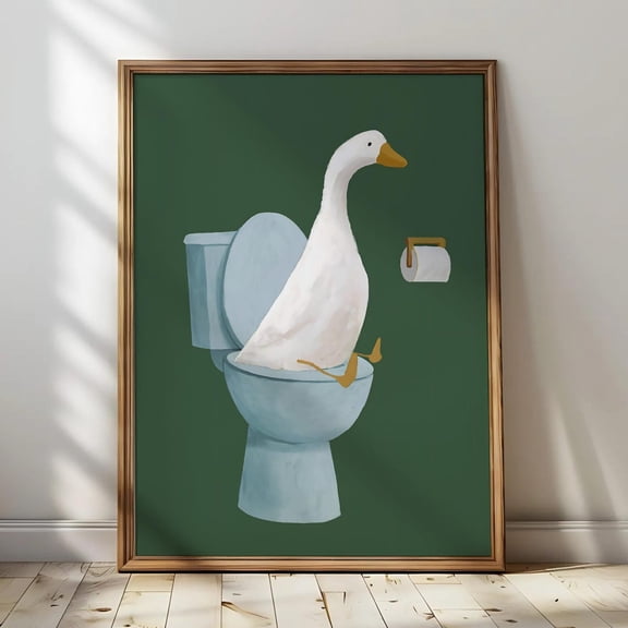 Goose Sitting On Toilet Flush Toilet Print, Quirky Bathroom Wall Art Home Decor #2360, 8x12 UNFRAMED