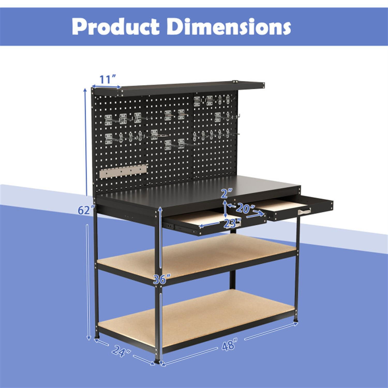 Demi Bonn 48" x 24" Workbench Work Table with 2 PCs Pegboard Drawer and Shelves, 4-Tier Heavy Duty Metal Tool Storage Bench for Garage, Workshop, Black
