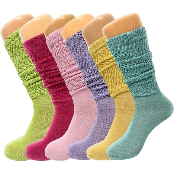 6 Pairs Colorful Slouch Knee High Socks with Thin Sole Shoe Size 5 to 10 (Lemon Green - Fuchsia - Pink - Lavender - Limone - Aqua Green)