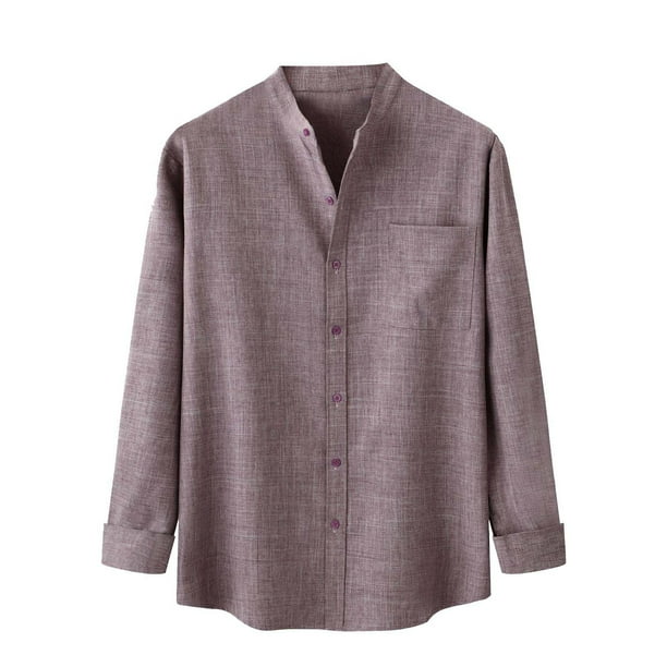 Top de camisa de lino y algodón de color sólido de manga larga con cuello levantado para otoño e invierno a la moda para hombre Pompotops oipoqjl53227