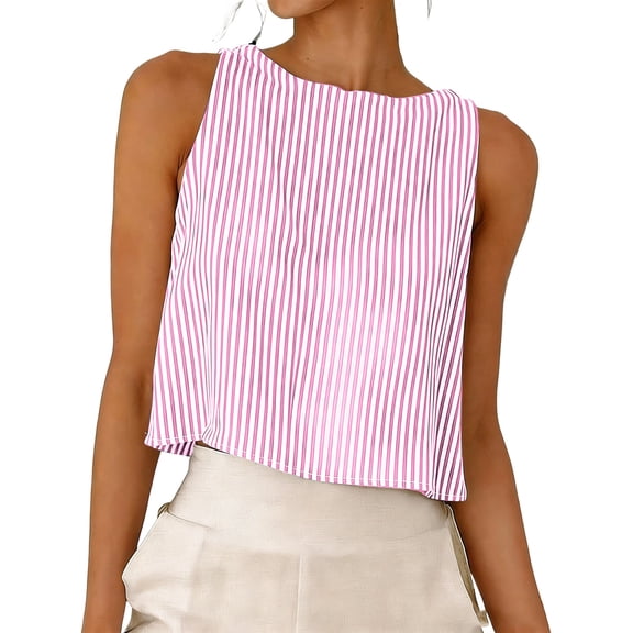 Qiopertar Sleeveless Tops for Women Round Neck Casual Summer Striped Tank Tops Fashionable Comfy Beach Vacation Party Wear Shirts, Pink XL