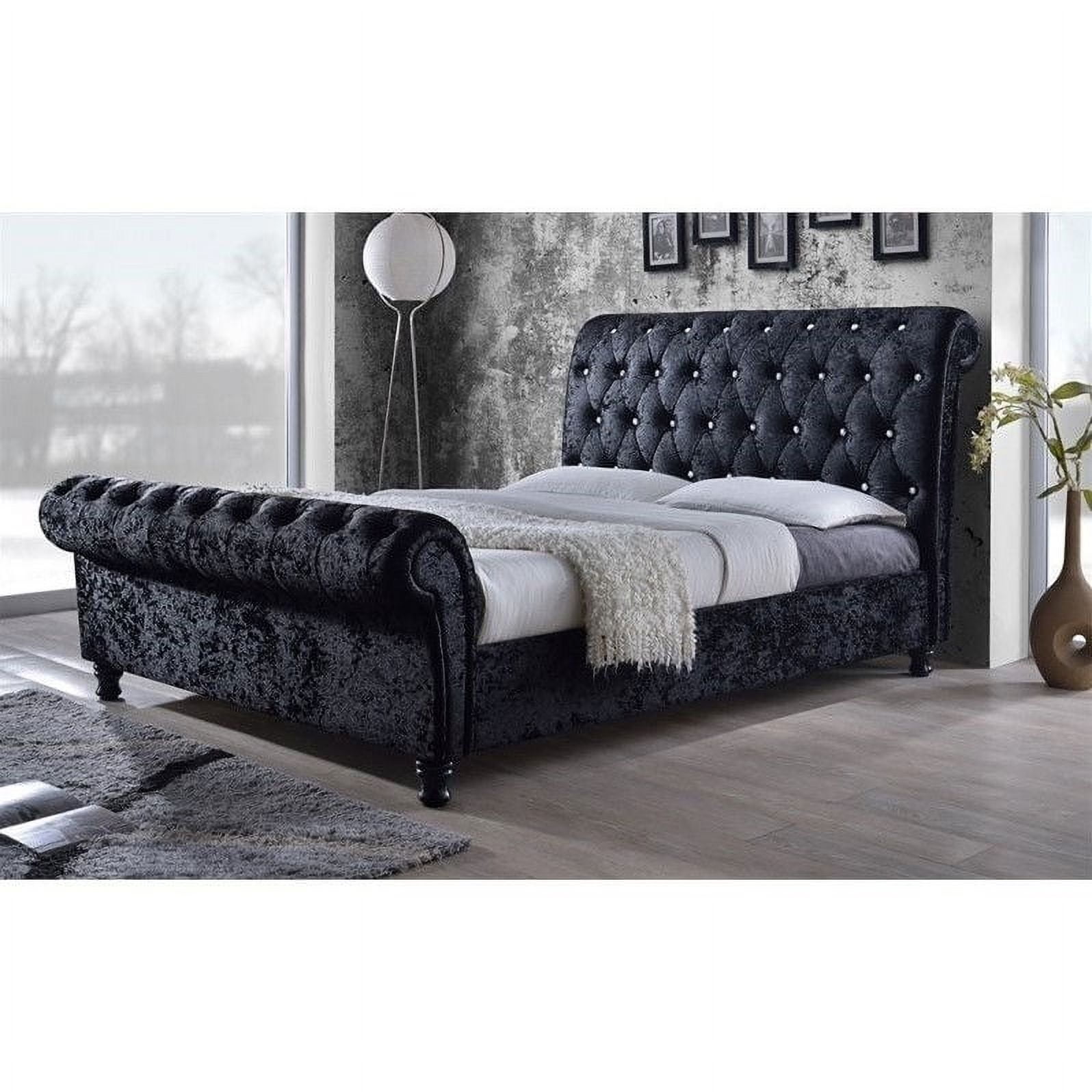 Baxton Studio Castello Black Velvet Upholstered Faux Crystal Buttoned Sleigh Platform Bed Queen