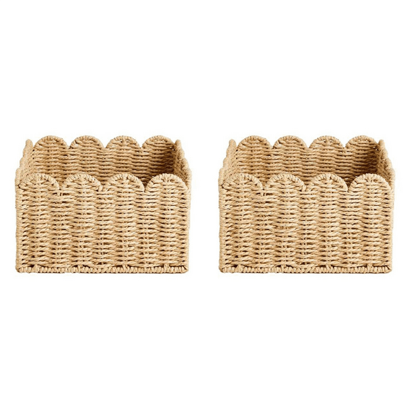 2X Scalloped Edge Basket, Wicker Storage Baskets,Handwoven Organizing Baskets for Shelves, Paper Rope Design