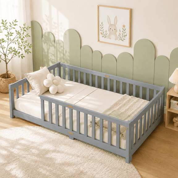 UHOMEPRO Twin Montessori Floor Bed with Guardrails and Slats, Solid Rubber Wood Low Profile Toddler Floor Bed Frame for Kids, No Box Spring Needed, Gray