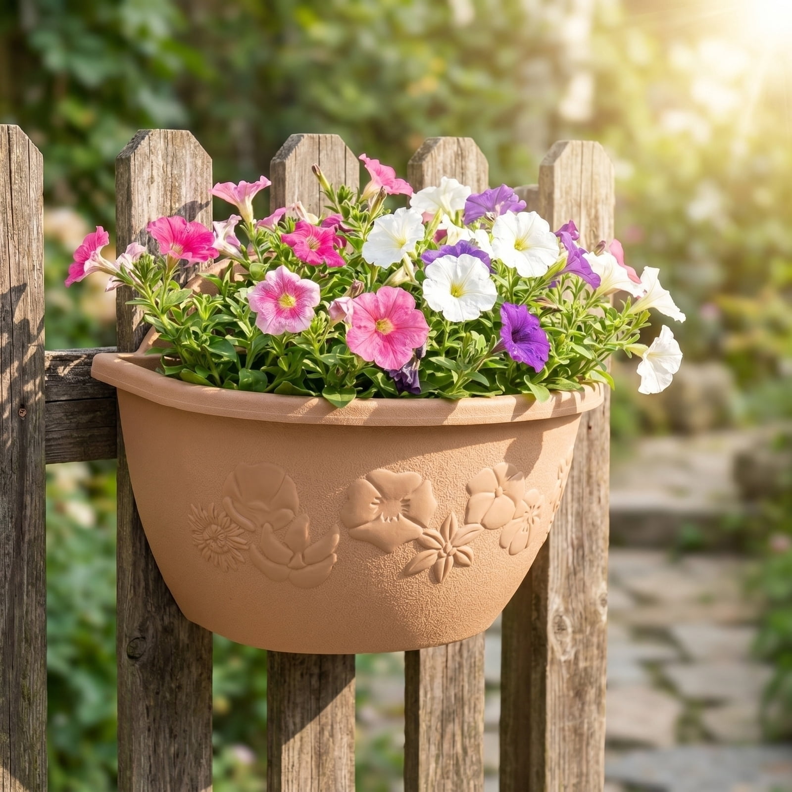Planter Pot, Embossed Floral Light Brown Small, 1 Piece, for Railings and Wall Vertical Gardening Vegetables Flowers