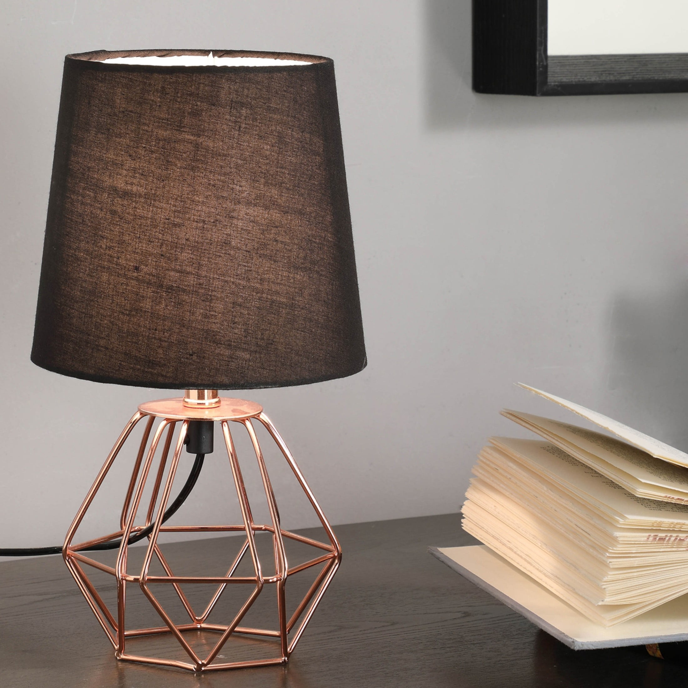 Noble House 11.25" Wesley Geometric Metal Table Lamp with Semi-Drum Shade, Modern Accent Lighting for Bedroom, Copper
