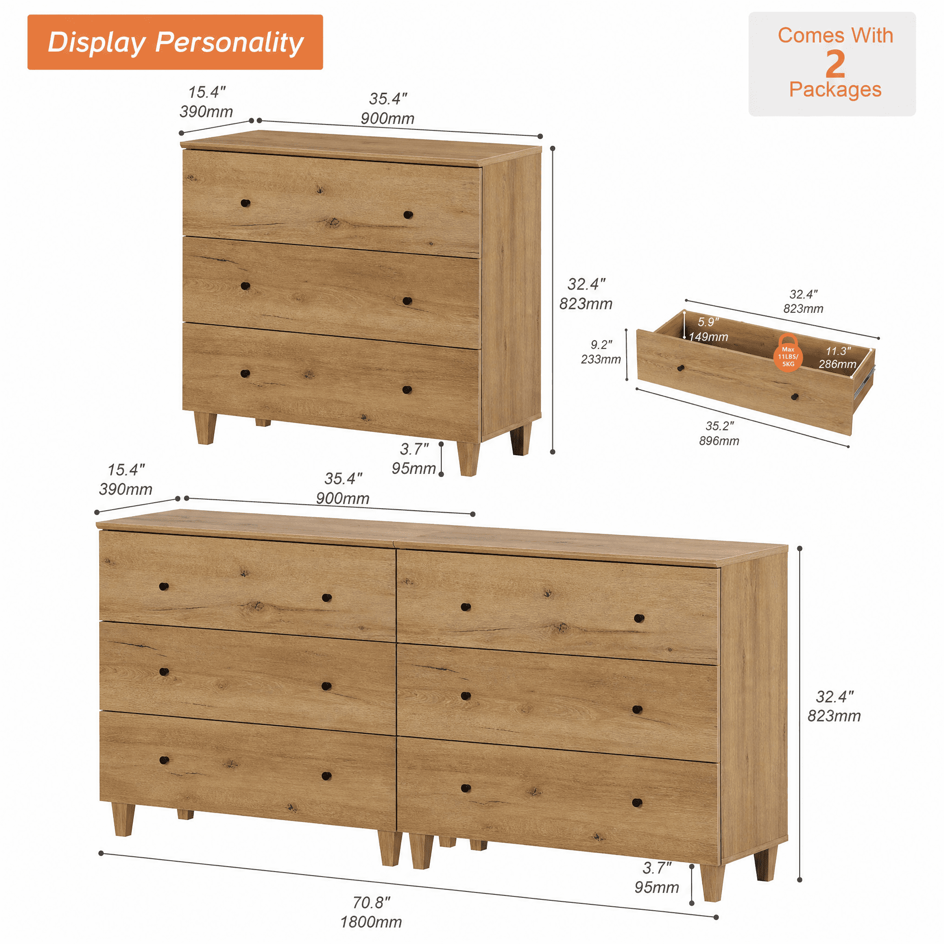 Bedroom Dresser with 6 Drawers, Mid-Century Modern Double Dresser, Oak Brown Wood Chest of Drawers with Solid Wood Legs, 71"
