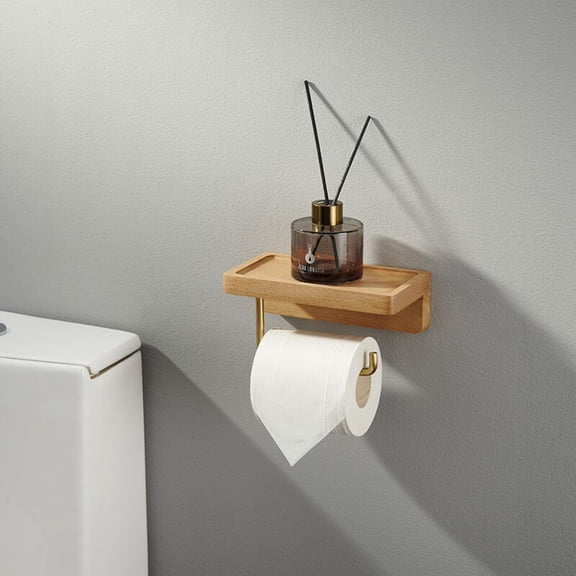 Wall-Mounted Wooden Toilet Paper Holder with Shelf - Compatible with Standard Rolls - Bathroom Decor