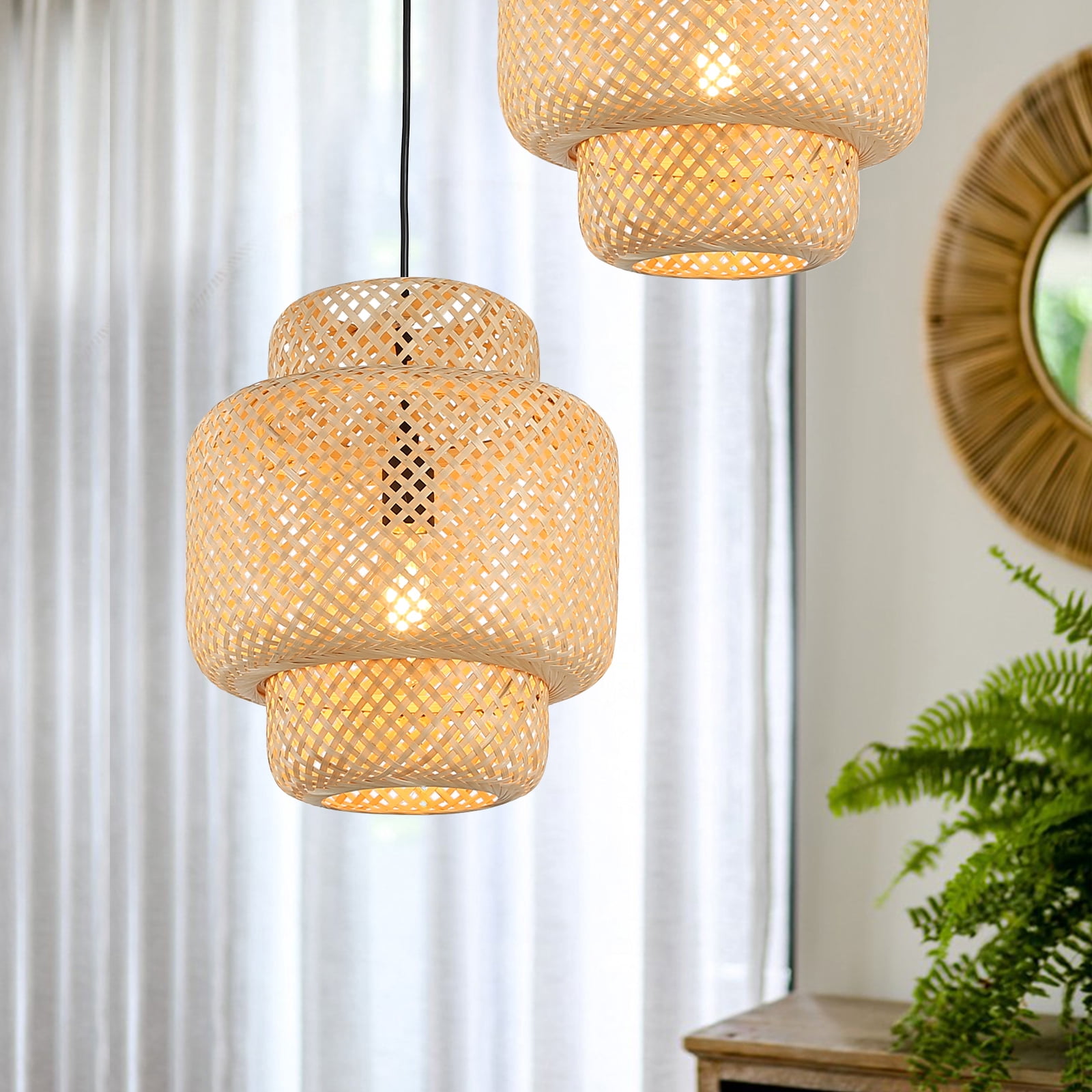 Injak Hand Woven Bamboo Pendant Lighting for Kitchen Island, Plug in Cord Wicker Ceiling Hanging Lamp, Rattan Basket Chandelier Fixture for Living Room Dining Room Restaurant (Cake Lampshape)
