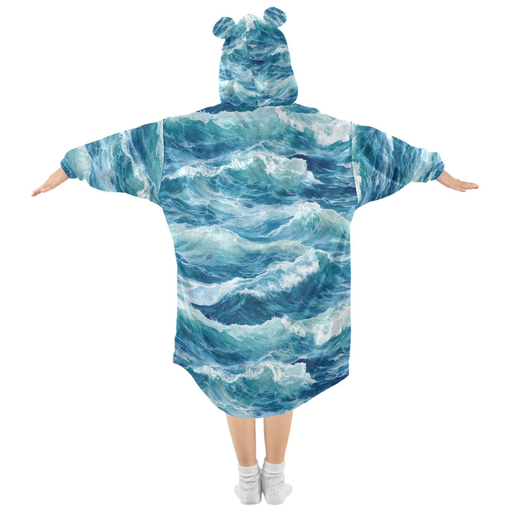 FORMRS Wearable Blanket Hoodie with Sleeves for Kids Cozy Flannel Sweatshirt, Green Watercolor Ocean Waves