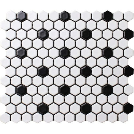 Value Series 1'' x 1'' Hexagon Porcelain Mosaic Tile in Matte White with Black