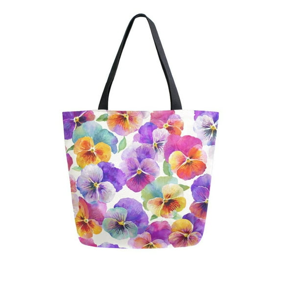 Open Top Canvas Tote Bag with Zipper Reusable Shopping Bag 13.5x15" Roomy Carryall Pansy Pattern