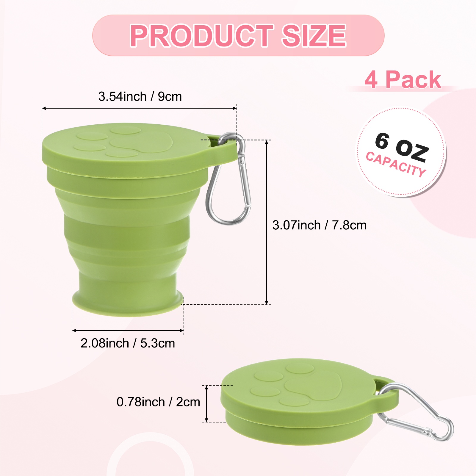 Uxcell 4 Pack Collapsible Travel Cup, 6oz(180ml) Silicone Cat Paw Portable Foldable Water Cup Bottle with Spring Buckle [Green]