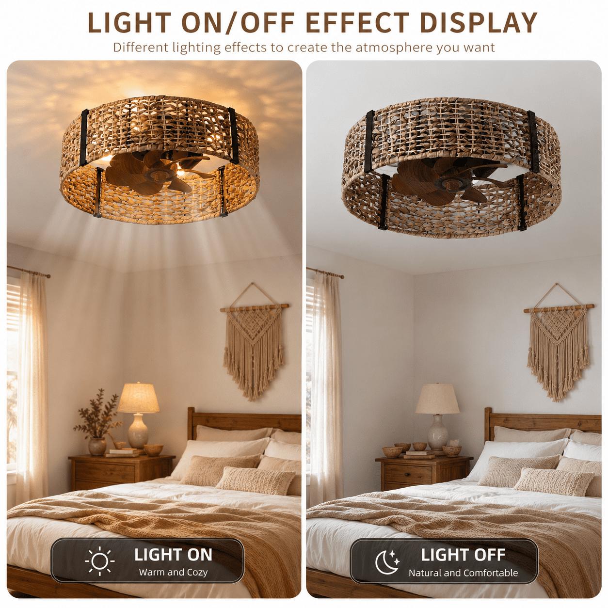 Garwarm 19.6" Boho Rattan Ceiling Fan with Lights, 4-Light Flush Mount Fandelier with Remote, Low Profile Caged Ceiling Fan, Reversible Enclosed Bladeless Fan for Bedroom Living Room